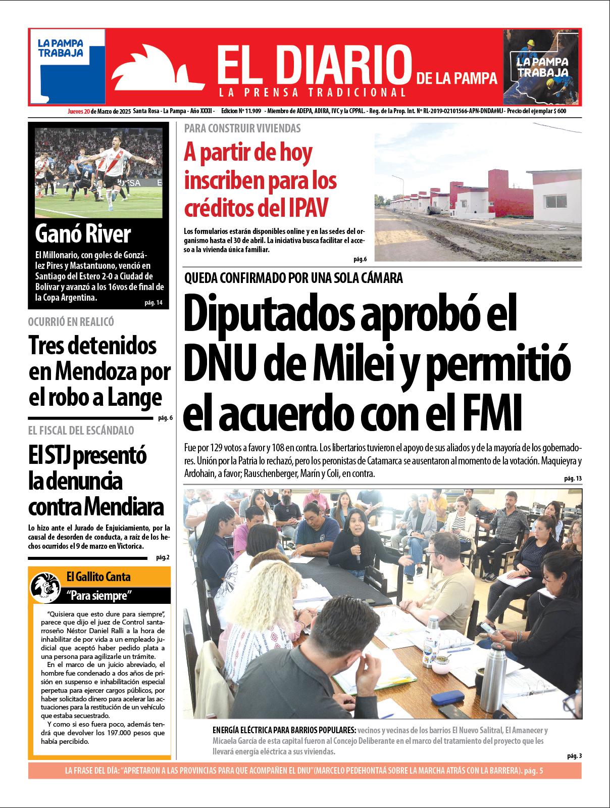 Tapa de El Diario en papel  jueves 20 de marzo de 2025